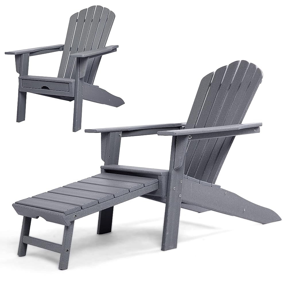 Deluxe Adirondack Chair with Pullout Ottoman, Weather Outdoor Patio Furniture, Up to 350 lbs