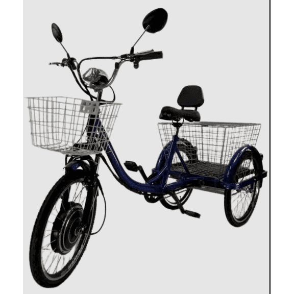 Adult Three-Wheel Electric Bicycle with Large Cargo Basket, Pedal Assist, 48V 1000W Motor, Adjustable Seat, and Front/Rear Lighting Blue