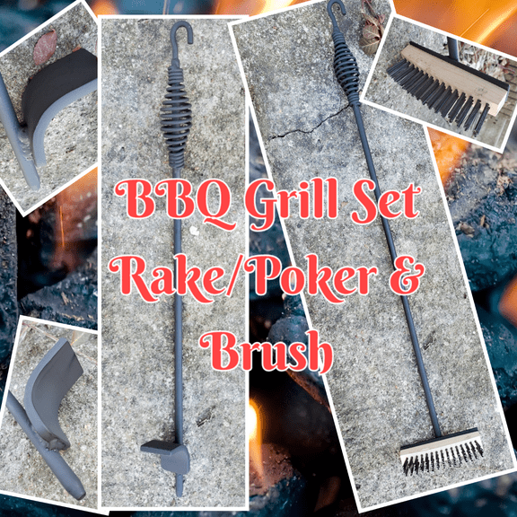 Deluxe BBQ Grill Implement Set-Briquet Rake/Poker & Grill Brush, (18")
