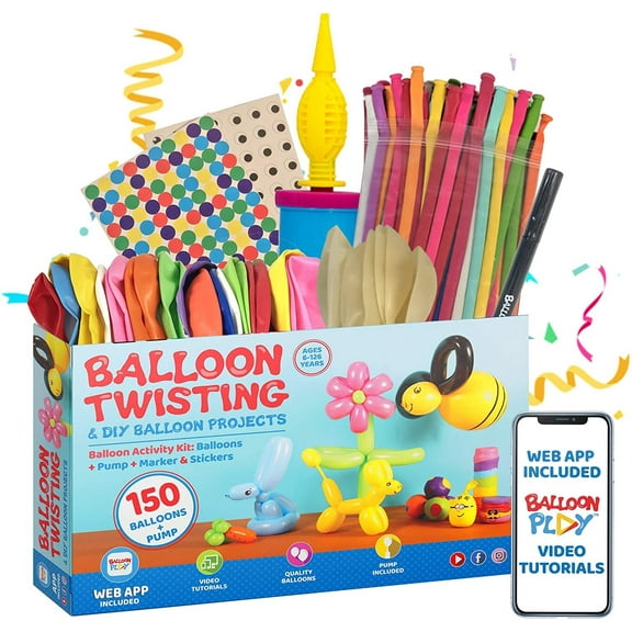 Deluxe Balloon Animal Kit with Web App | 150 Balloons + High Quality Balloon Pump + Stickers + Marker + Balloon Web App with 40+ Video Tutorials, Fun Gift for All Ages and Celebrations.