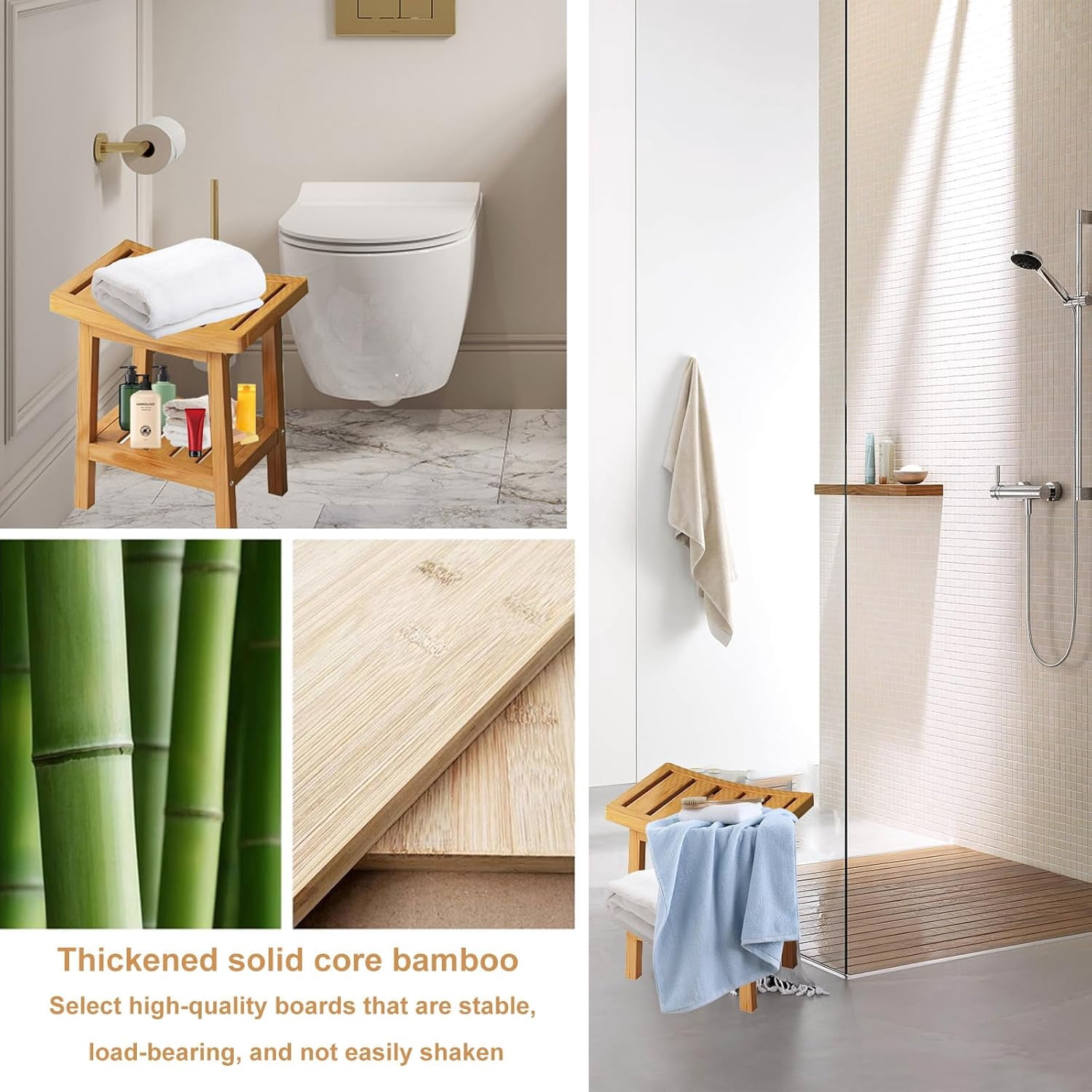 Deluxe Bamboo Shower Bench, Waterproof Spa Bath Stool for Adults ...