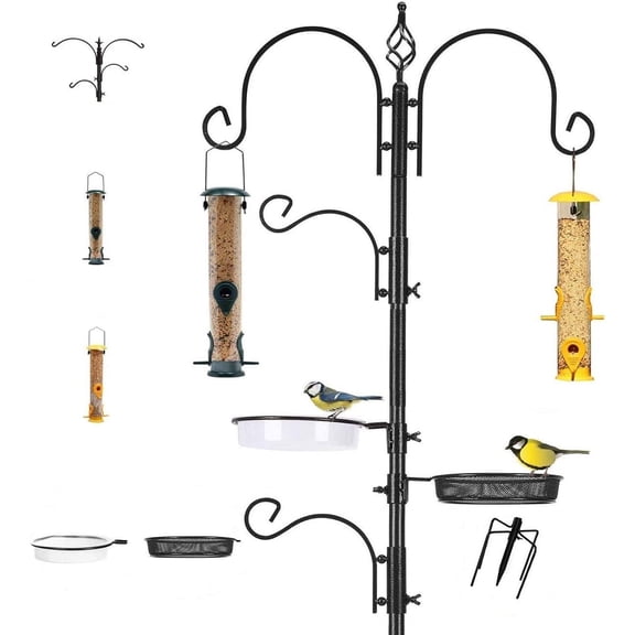 Deluxe Bird Feeding Station with 2 Bird Feeders Included for Outside - Multi Feeder Pole Stand Kit with 4 Hangers, Bird Bath and 5 Prong Base for Attracting Wild Birds - 22 Inch Wide x 92 Inch