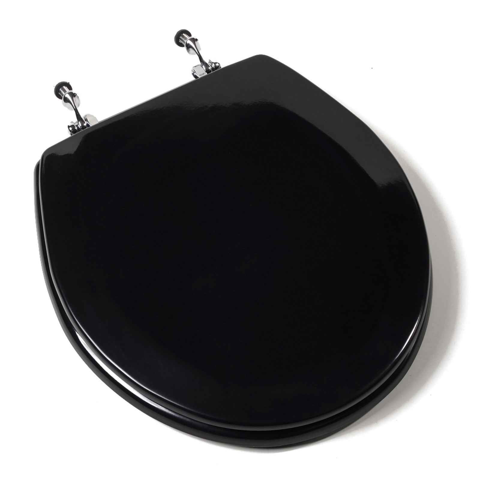 Deluxe Black Wood Round Toilet Seat With Chrome Hinges