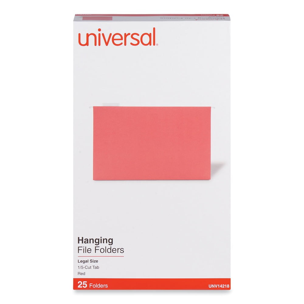 Universal Deluxe Bright Color Hanging File Folders, Legal Size, 1/5-Cut Tab, Red, 25/Box -UNV14218