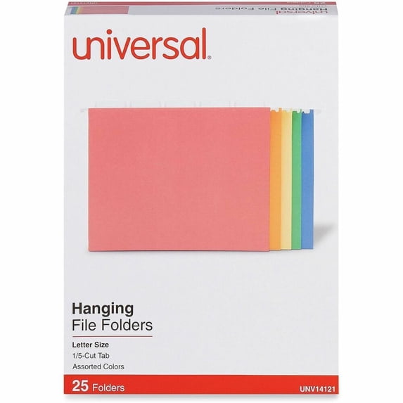 Universal UNV14121EE 1/5-Cut Tab Deluxe Bright Color Hanging File Folders - Letter Size, Assorted (25/Box)
