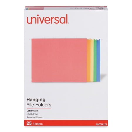 Universal UNV14121EE 1/5-Cut Tab Deluxe Bright Color Hanging File Folders - Letter Size, Assorted (25/Box)