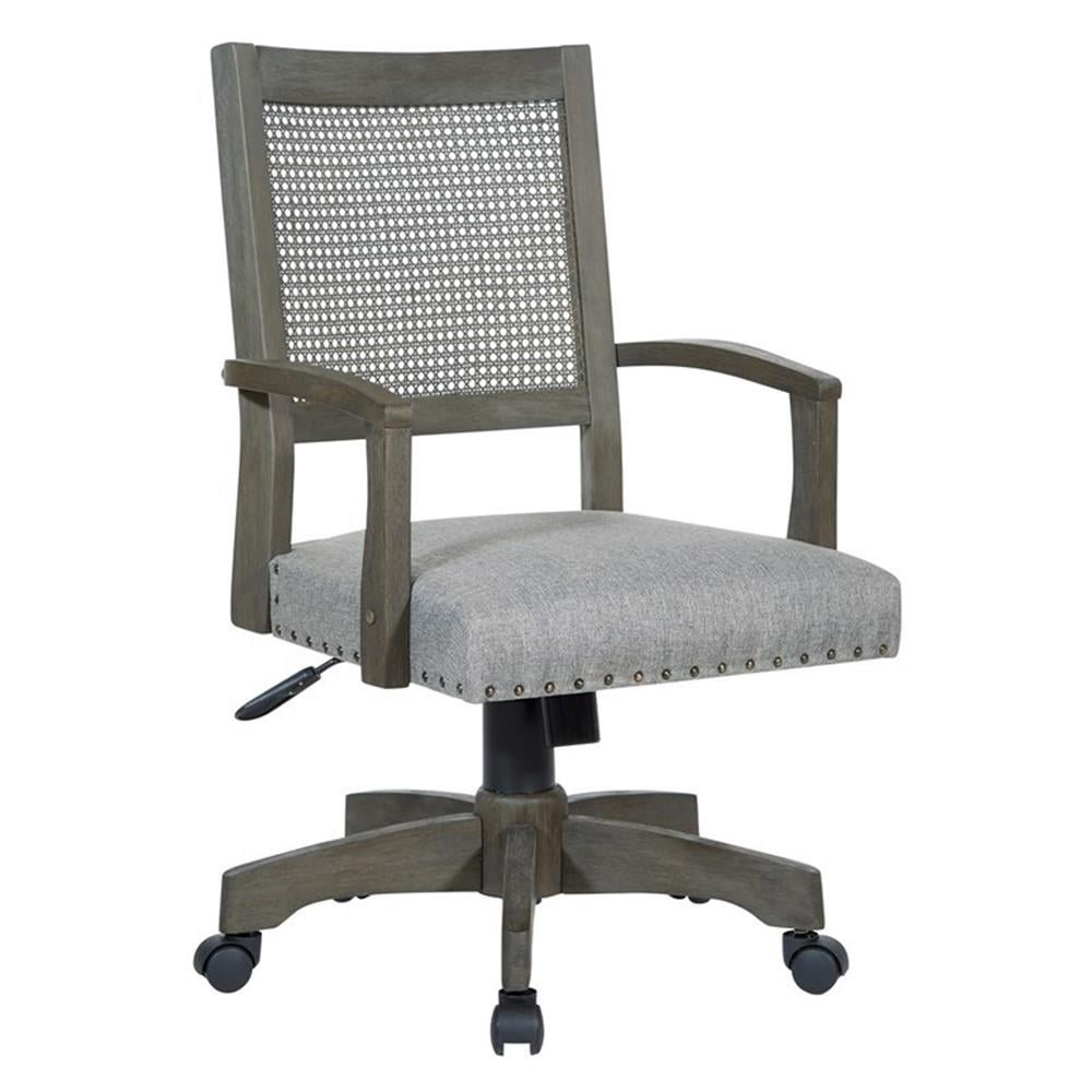 Antique Gray Cane Back Banker's Chair with Fabric Seat