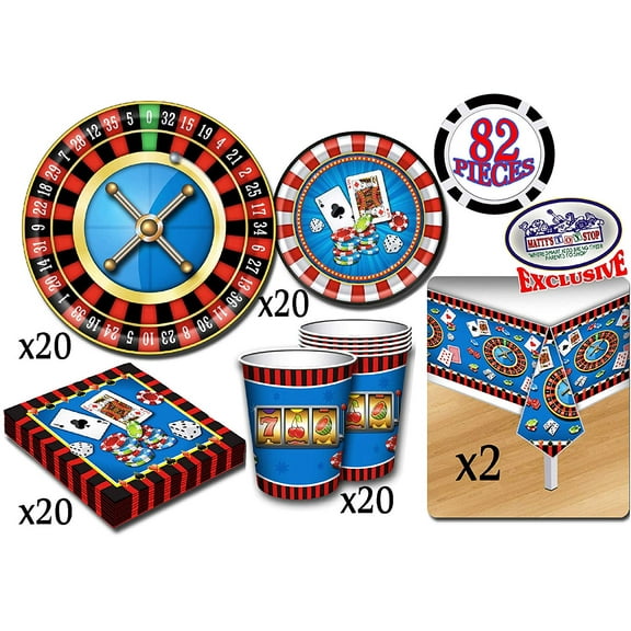 Deluxe Casino Night Theme Party Supplies Pack for 20 People, Includes 20 Large Plates, 20 Small Plates, 20 Napkins, 20 Cups & 2 Table Covers - Perfect for Casino Night or Birthday (82 Pieces Total)