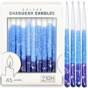 Deluxe Chanukah Candles for Menorah - Decorative Hanukkah Candles Set of 45 Multi Blue Thin Tapered Frosted Candle Hand Made Includes a DIY Dreidel, Prayer Song Card by Zion Judaica (Blue Elegance)