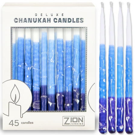 Deluxe Chanukah Candles for Menorah - Decorative Hanukkah Candles Set of 45 Multi Blue Thin Tapered Frosted Candle Hand Made Includes a DIY Dreidel, Prayer Song Card by Zion Judaica (Blue Elegance)