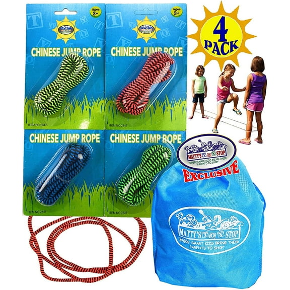 Deluxe Chinese Jump Rope Complete Gift Set Bundle with Bonus Matty's Toy Stop Storage Bag - 4 Pack