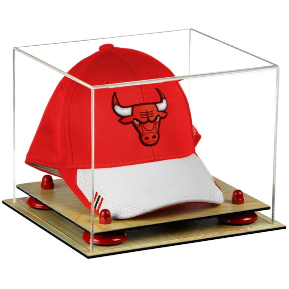 Deluxe Clear Acrylic Basketball Hat or Cap Display Case with Red Risers and Wood Base (A006-RR)