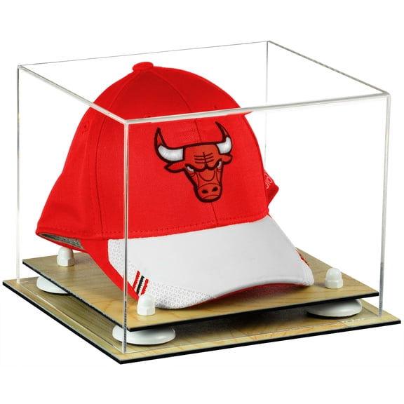 Deluxe Clear Acrylic Basketball Hat or Cap Display Case with White Risers and Wood Base (A006-WR)