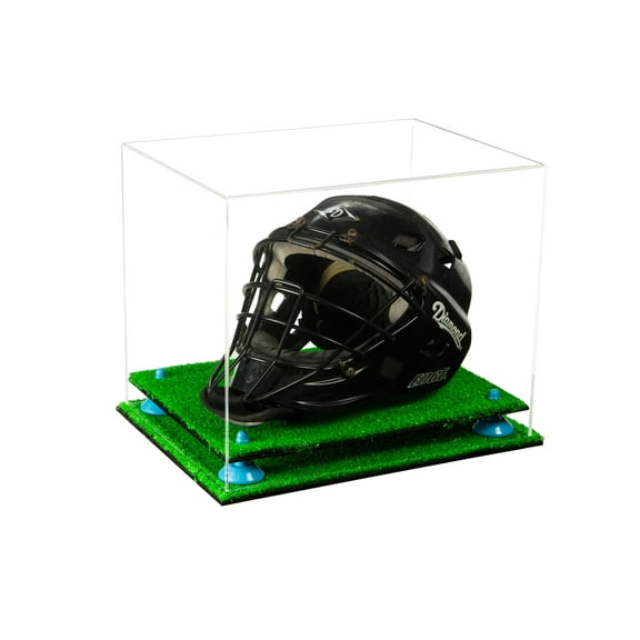 Deluxe Clear Acrylic Catchers Helmet Display Case with Blue Risers and Turf Base (A002-BLR)