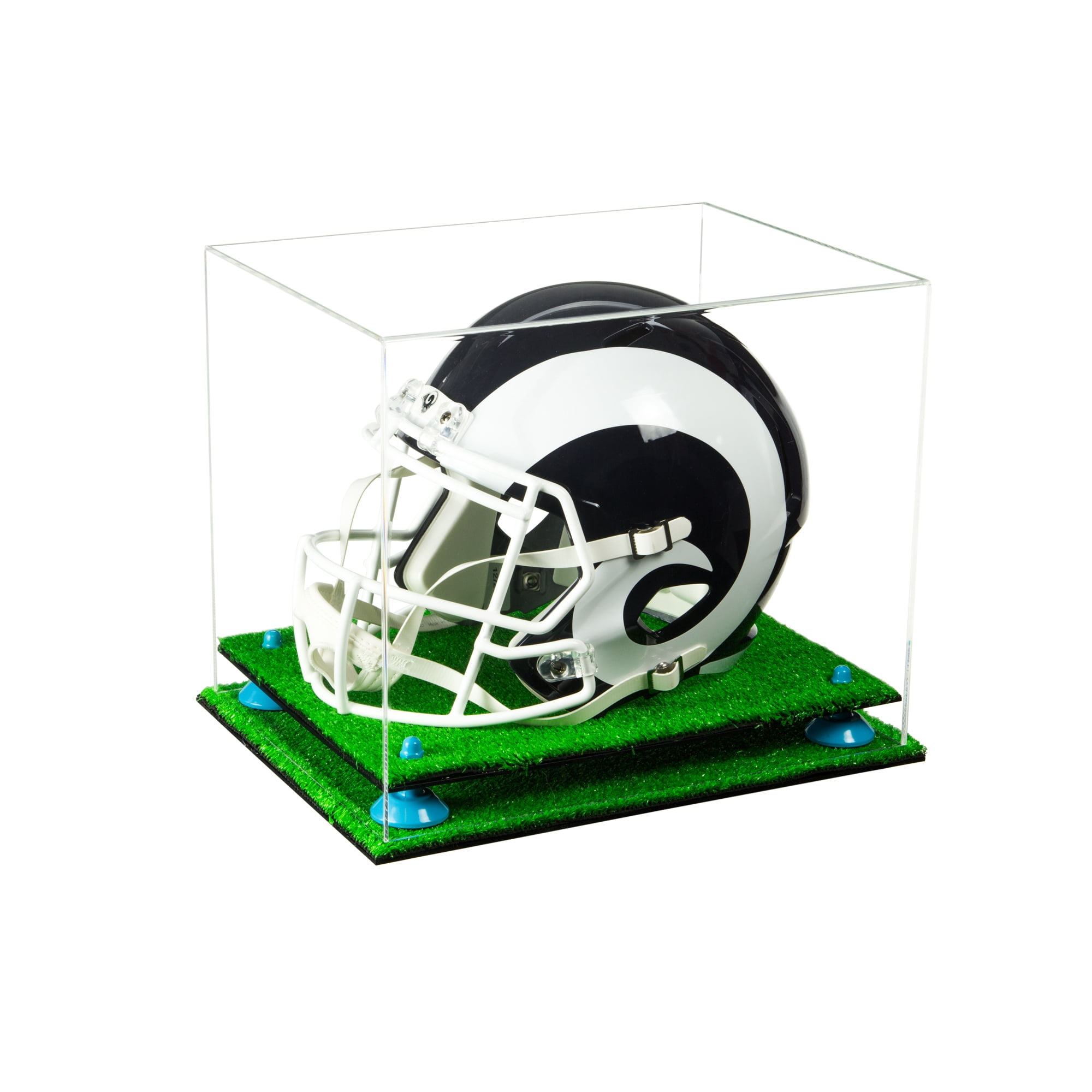 Deluxe Acrylic Lacrosse Helmet Display Case with Mirror, Wall Mount, Black Risers and Clear Base (A002-BR)