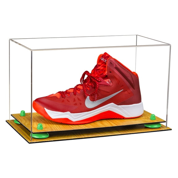 Deluxe Clear Acrylic Large Shoe Display Case for Basketball Shoe Soccer Cleat Football Cleat with Green Risers and Wood Base (A013-GRR)