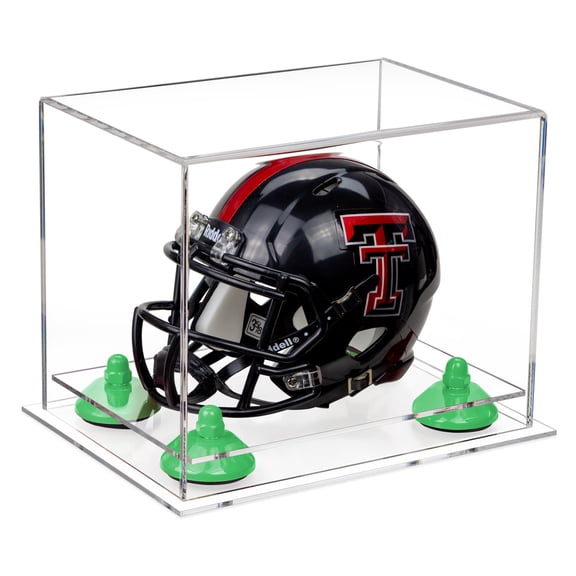 Deluxe Clear Acrylic Mini Football Helmet Display Case (not Full Size) with Green Risers and Clear Base (A003-GRR)