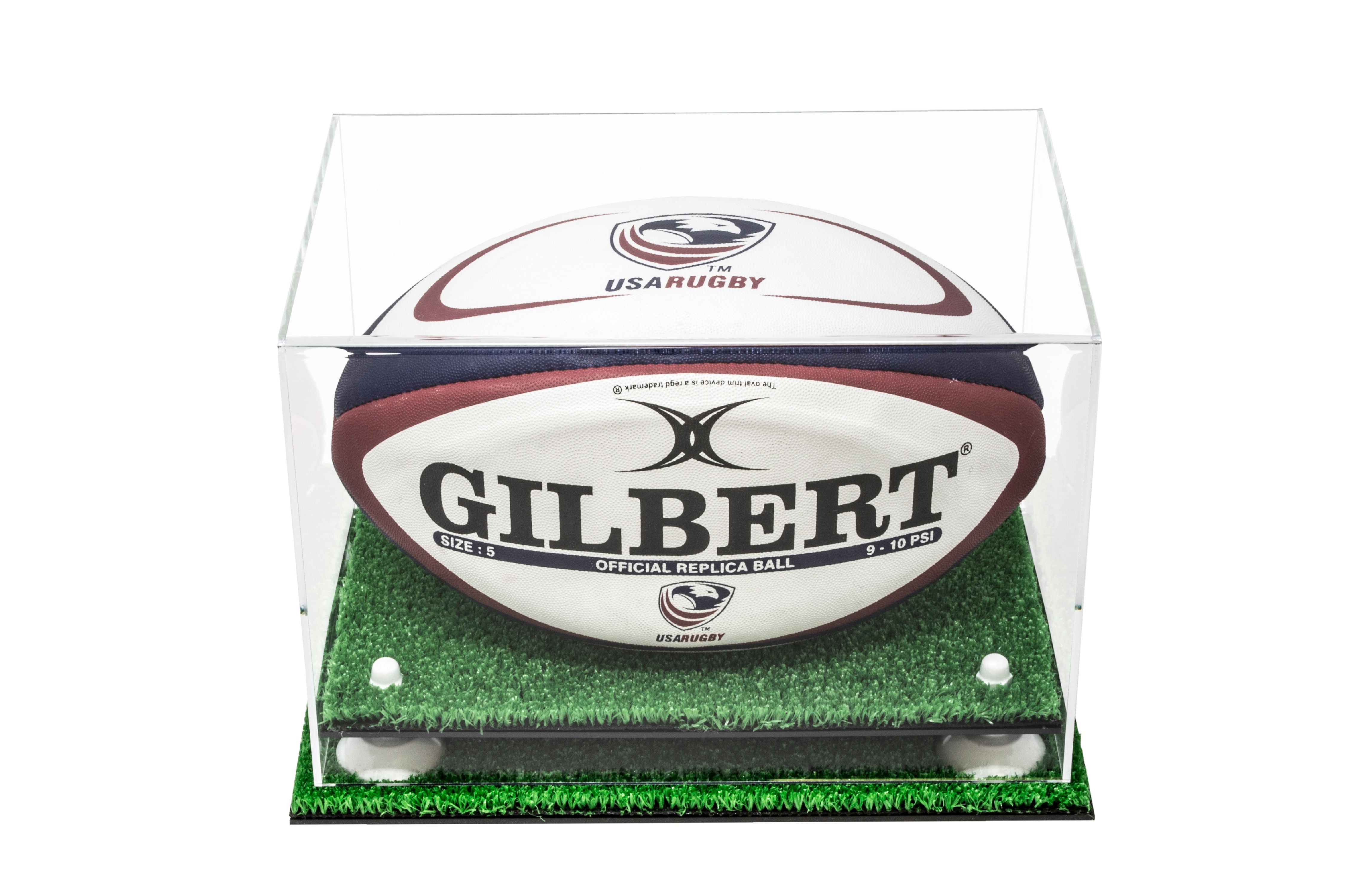 Deluxe Clear Acrylic Rugby Ball Display Case with White Risers and Turf