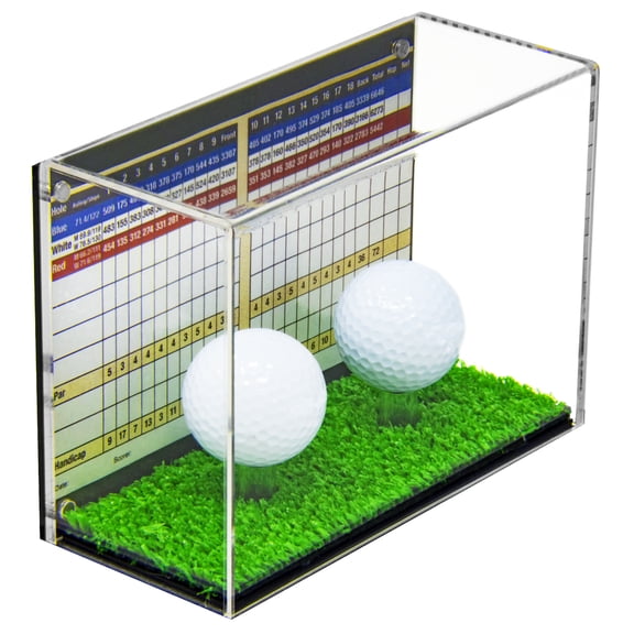 Deluxe Clear Acrylic Two Golf Ball Display Case with Black Back and Turf Floor (A045A-TB)