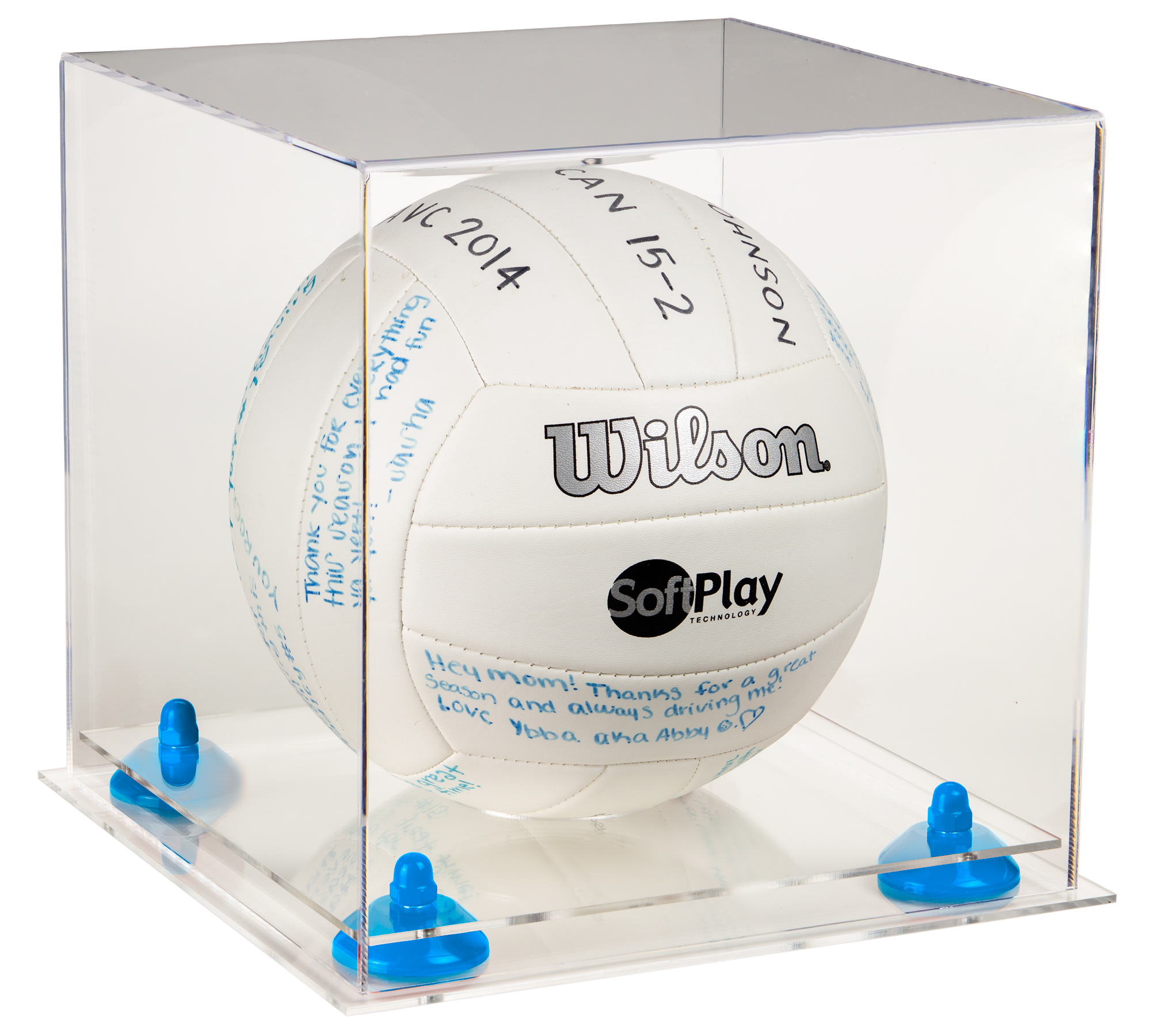 Volleyball Riser Deluxe Clear Acrylic Volleyball Display Case with Blue Risers and Clear ...