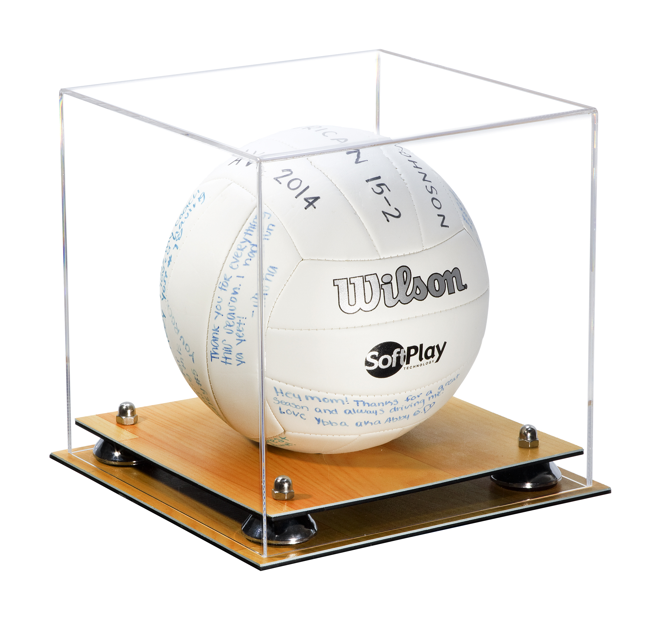Volleyball Riser Deluxe Clear Acrylic Volleyball Display Case with Silver Riser and Wood ...