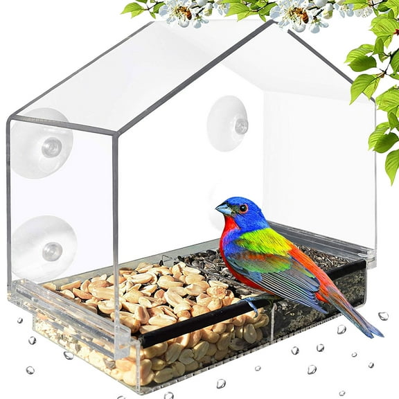 Deluxe Clear Window Bird Feeder, Large Wild Birdfeeder With Drain Holes, Removable Tray, Super Strong Suction Cups, Transparent Viewing, Covered, High Seed Capacity, Rubber Perch!