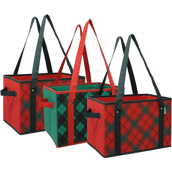 Deluxe Collapsible  Shopping Box Grocery Bag Set with Reinforced Bottom Plaid Holiday Xmas Christmas Design Storage Boxes Bins Cubes (Set of 3) (Holiday)