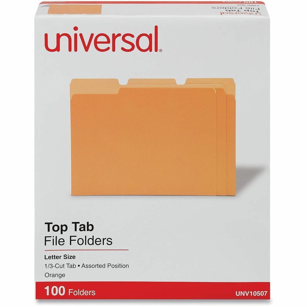 Universal UNV10507 Deluxe Colored 1/3-Cut Top Tabs Letter Size File Folders - Orange/Light Orange (100/Box)
