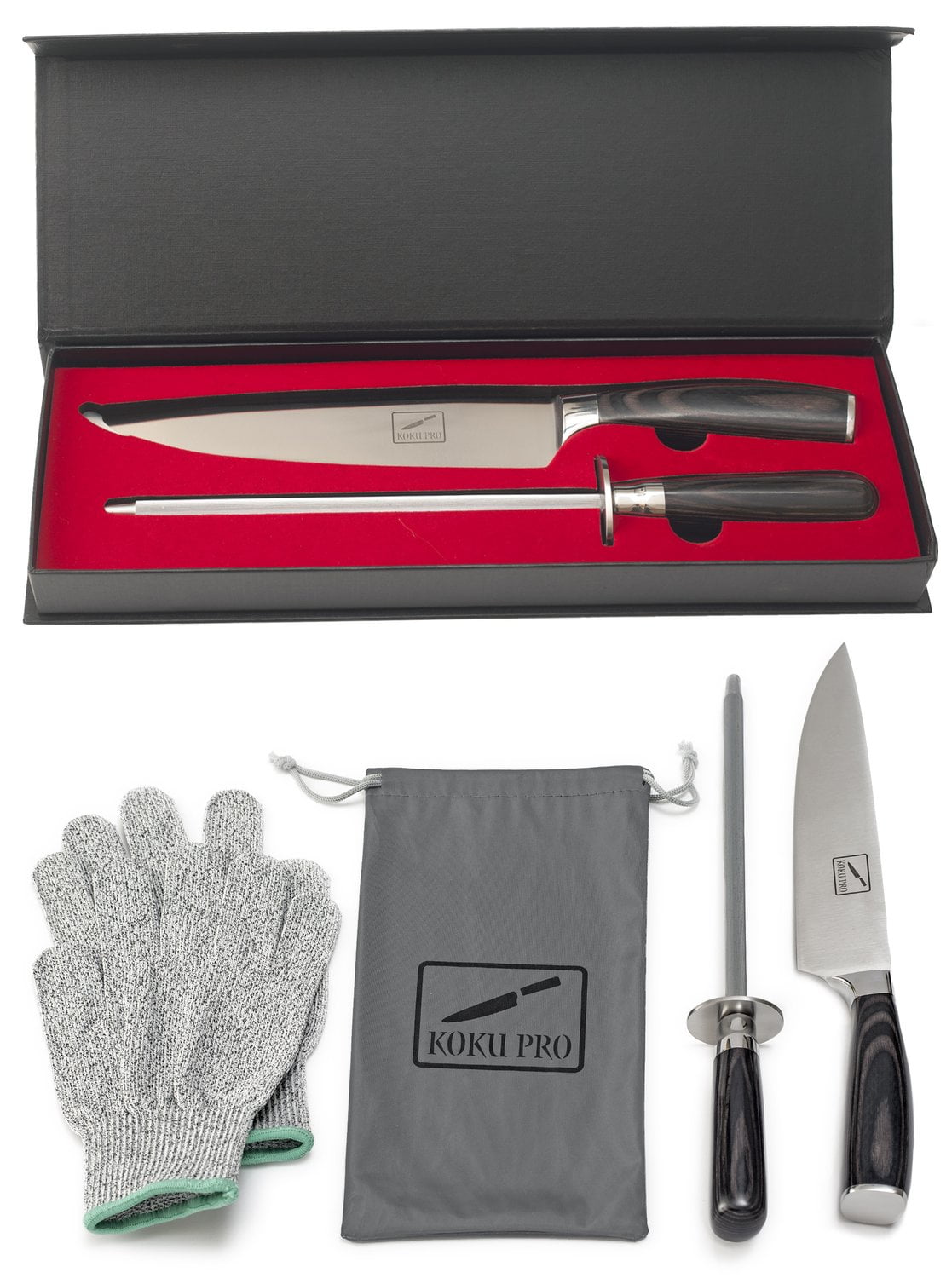 Deluxe Comfort Japanese Knife - Pro 8? Sharp Chef Knife - High Carbon Stainless Steel Kitchen Knife - Includes, Knife Sharpener, 2 Kevlar Gloves (Cut-Resistant ), Storage Box