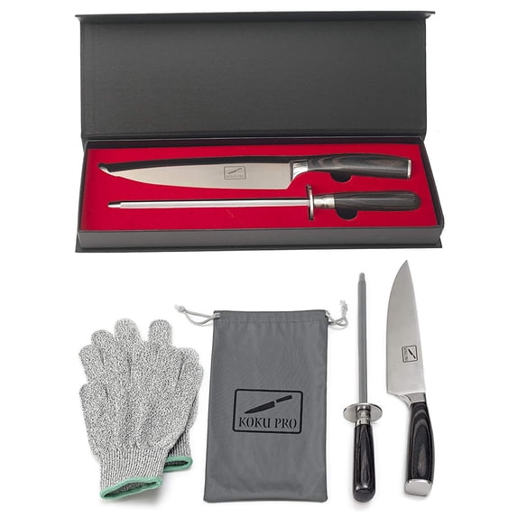 Deluxe Comfort Japanese Knife - Pro 8? Sharp Chef Knife - High Carbon Stainless Steel Kitchen Knife - Includes, Knife Sharpener, 2 Kevlar Gloves (Cut-Resistant ), Storage Box