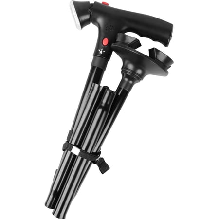 Deluxe Comfort Multi Function Cane and Walking Stick with Led Flashlight - Lightweight Collapsible Aluminum - Flashing Red Alert Lights & Emergency Siren - Safety Aid - Cane, Black