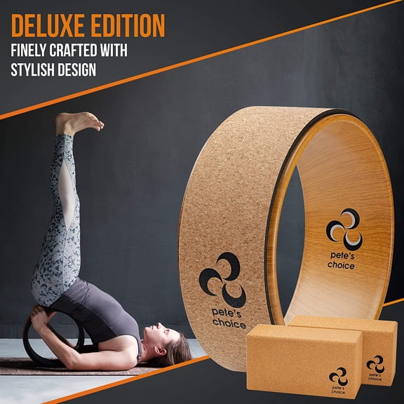 Deluxe Cork Yoga Wheel Set - Cork Wheel + 2 Blocks + Strap + Exercise Guide. Extra Firm Bricks. Better Support, Natural and -Friendly. Home Exercise Kit. Ideal for Women Yogis.