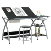 Deluxe Craft Station with Stool, Adjustable Drafting & Art Desk with Storage Shelves, Pencil Ledge, Wire Drawer, 45  Tilting Top, Steel Frame, Silver / Black