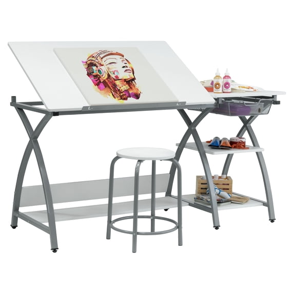 Deluxe Craft Station with Stool, Adjustable Drafting & Art Desk with Storage Shelves, Pencil Ledge, Wire Drawer, 45° Tilting Top, Steel Frame, Silver / White