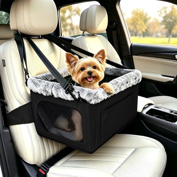 Dog Car Seat Booster for Small Dog Under 20lbs, Portable Pet Car Seat with Steel Frame, Safety Leash, Thick Cushion & Storage Pockets, Fits Most Cars, Black