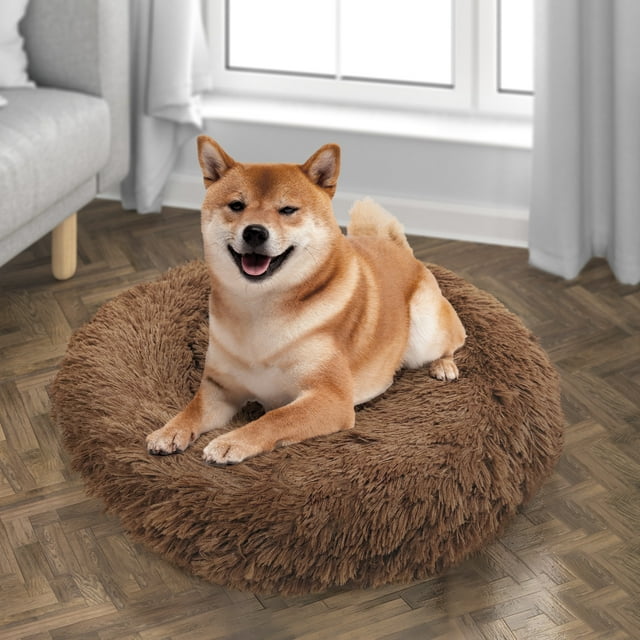 Deluxe Donut Pet Bed with AntiSlip Waterproof Bottom and Raised Rim Soothing Calming Cuddler