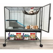 Deluxe Double Unit Two Full Story Durable Front Doors Tight 1/2-inch Wire Spacing Chew-Free Small Animal Critter Home Cage Water Bottle Food Bowl for Feisty Ferret Hammock Rat Mice On Wheels