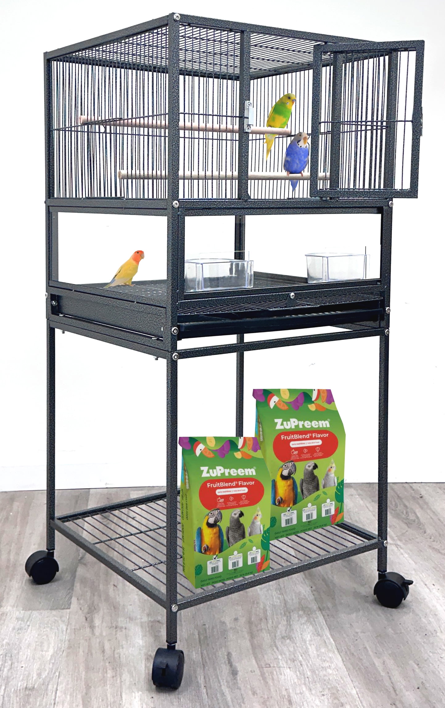 Deluxe Durable Wrought Iron Bird Parrot Cage Sturdy Front Door Side Nesting Doors Acrylic Clear Bottom Prevent Food Spillage Removable Rolling Stand