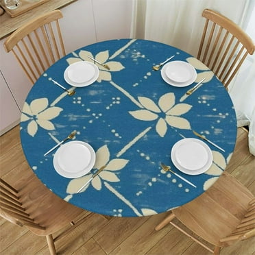 Deluxe Elastic Edged Flannel Backed Vinyl Fitted Table Cover - Fashion Diamond (Blue) Pattern - Large Round