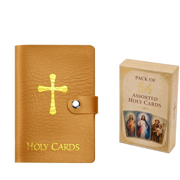 Deluxe Faux Leather Holy Card Organizer Case - Catholic Prayer Card Binder with 50+ Assorted Saint & Angel Images - Religious Keepsake Holder for Women & Men - Bulk Set for Church Ministries