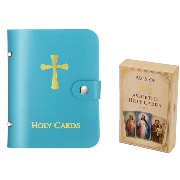 Deluxe Faux Leather Holy Card Organizer Case - Catholic Prayer Card Binder with 50+ Assorted Saint & Angel Images - Religious Keepsake Holder for Women & Men - Bulk Set for Church Ministries