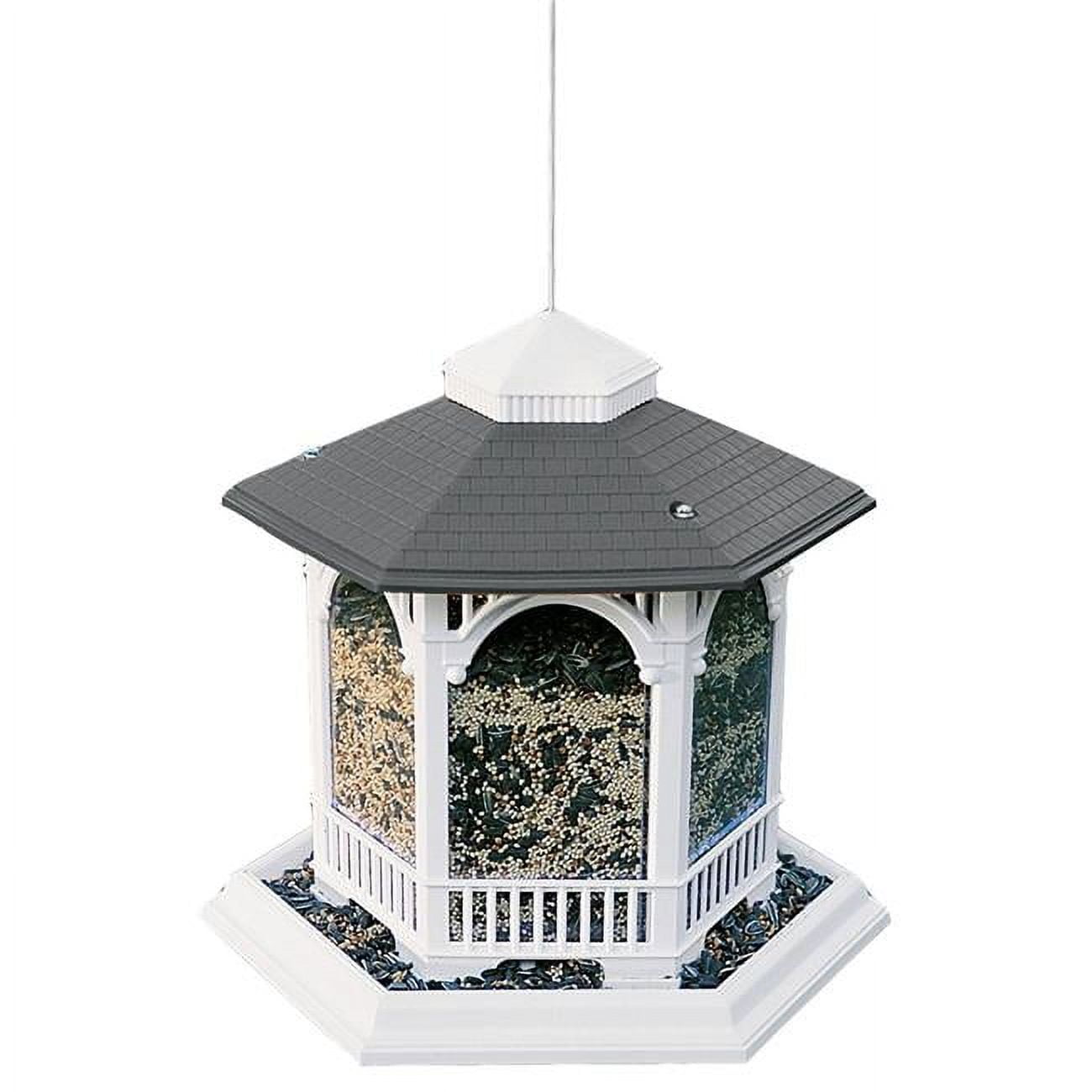 White and Gray Metal and Plastic Hanging Gazebo Bird Feeder