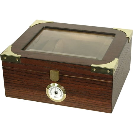 Quality Importers Desktop Humidor Cigar Box with Glass Top, Spanish Cedar Wood, Holds 20-50 Cigars, 10.3 x 8.75 x 4.3 Inches