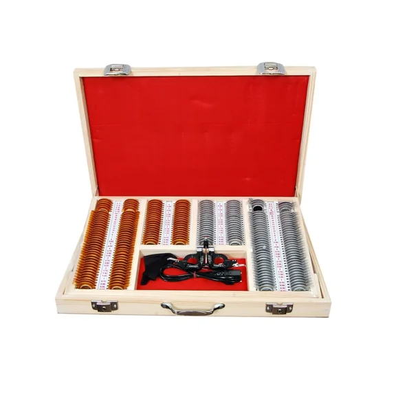 Deluxe Golden & Silver Trial Lens Set 225-Piece Optical Kit with Illuminated Wooden Case, Metal Rims, and Halogen Illumination
