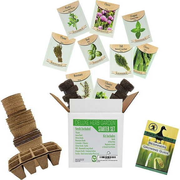 Deluxe Herb Garden Starter Kit - Includes: Seeds, Peat Pots, Netted Coir Pellets, and a Beginners Guide - Great for Beginners - Heirloom, Non-GMO