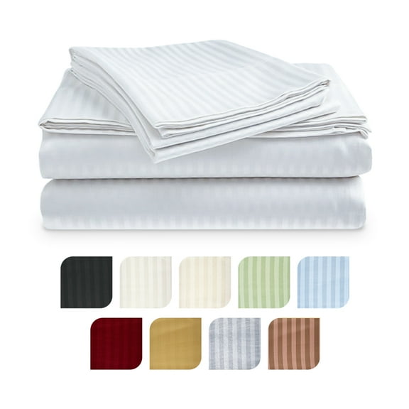 Deluxe Hotel 300 TC 100% Cotton, Luxury Dobby Stripe Bed Sheets Set, Queen, White, 4 Piece