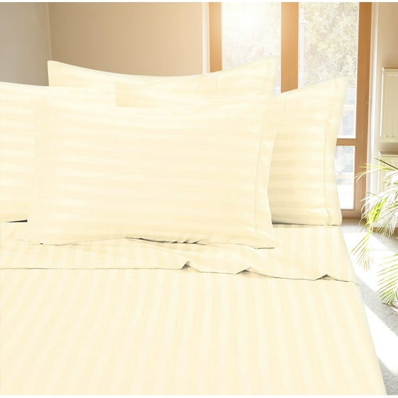 Deluxe Hotel 400 TC 100% Cotton, Luxury Dobby Stripe Bed Sheets Set, Full, Beige, 4 Piece