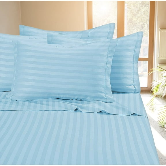 Deluxe Hotel 400 TC 100% Cotton, Luxury Dobby Stripe Bed Sheets Set, King, Light Blue, 4 Piece