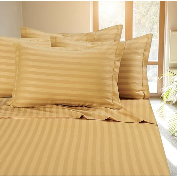 Deluxe Hotel 400 TC 100% Cotton, Luxury Dobby Stripe Bed Sheets Set, Queen, Gold, 4 Piece