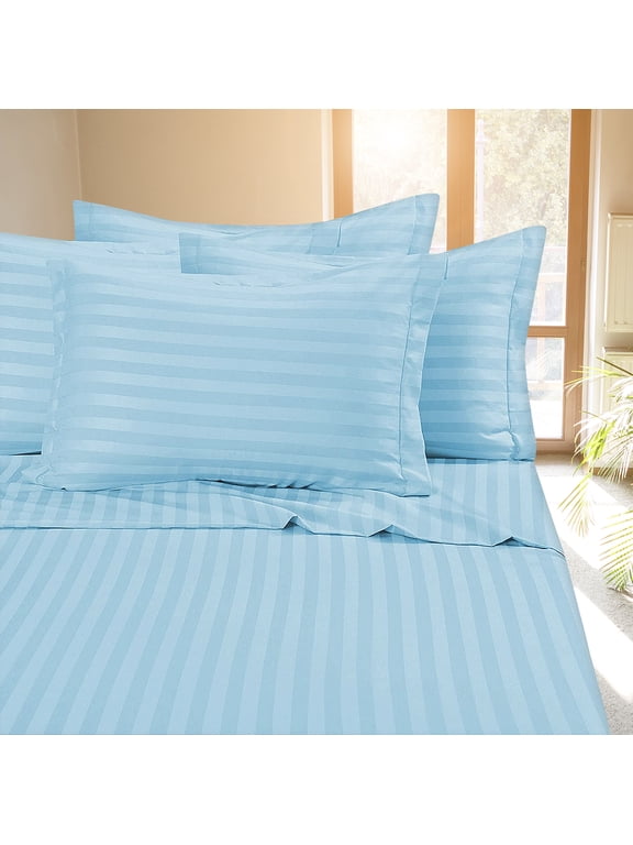 Deluxe Hotel 400 TC 100% Cotton, Luxury Dobby Stripe Bed Sheets Set, Queen, Light Blue, 4 Piece